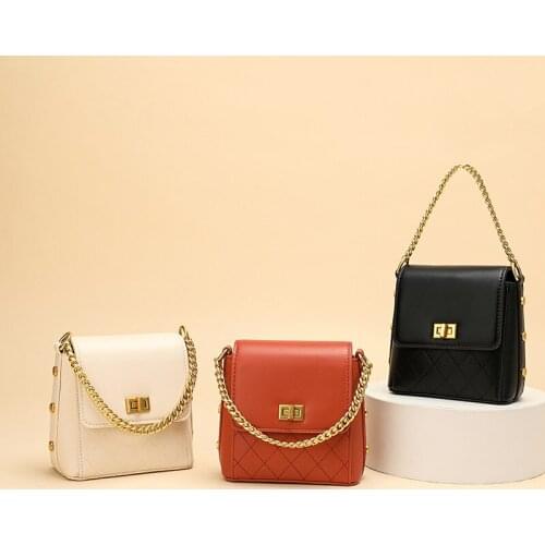 Female Red Mini Bucket Bag One Shoulder Messenger Portable Rhombic Chain Small Bag Women Handbag