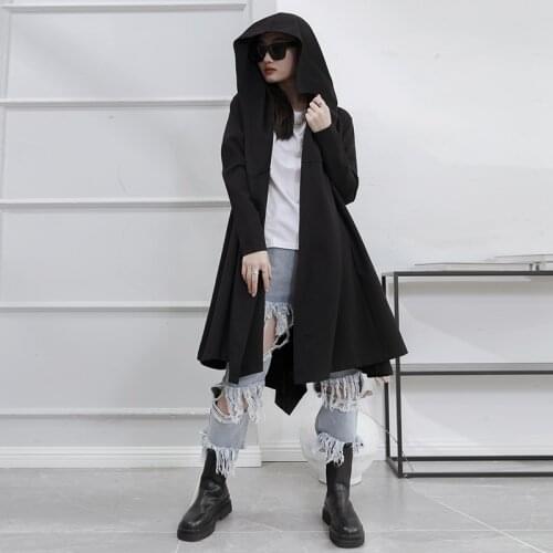 Large dark Yamamoto retro Lapel hooded loose medium length windbreaker coat womens black skirt style