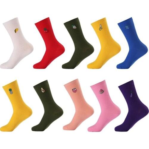 Women Fruit Cotton Socks 2019 New All Seasons Fashion Embroidery Series Ladies Harajuku Fresh Casual Crew Socks AA01