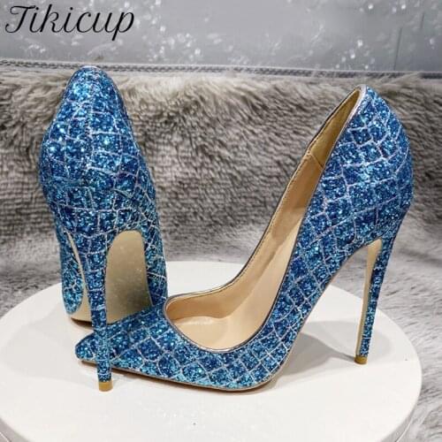Tikicup Glitter Sequins Crocodile Effect Women Pointy Toe High Heel Party Shoes Gorgeous Ladies Slip On Stiletto Pumps Customize