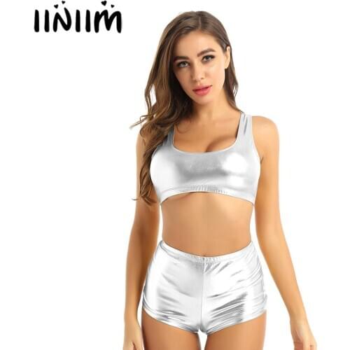 Iiniim Womens Femme Shiny Metallic Latex Pole Club Dance Costumes Gymnastics Fitness Racer Back Vest Crop Top with Hot Shorts