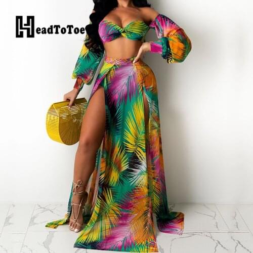 Chic Print Strapless Long Sleeve Crop Tops & Maxi Skirts Set Summer Women Two Pieces Set