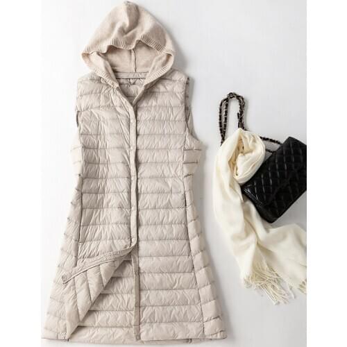 Womens Down Vest Long Coat Hooded Slim Fashion All-match Light White Duck Down Jacket Female Fashion Winter Ladies Jacket Vest