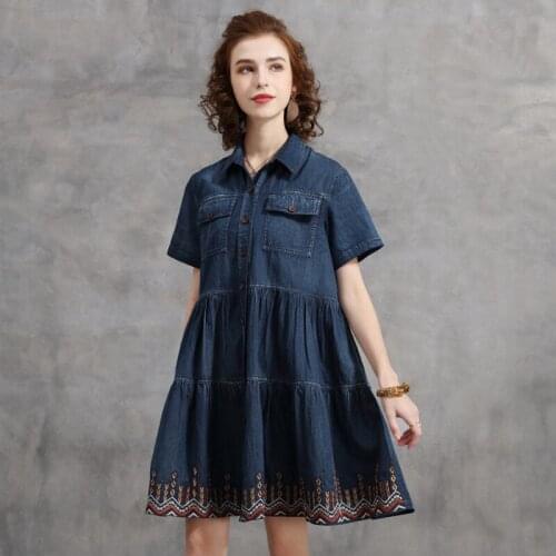 SeeBeautiful Vintage Embroidery Loose A-line Denim Dress Lapel Short Sleeve Button Pockets New Fashion Summer 2021 Woman E271