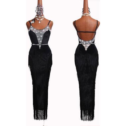 Latin Dance Dresses For Women Tassels Latin Costumes Club Party Dancer Singer Entertainer Diamonds Long Black Dress BL1115