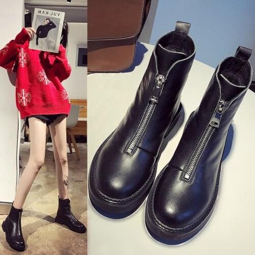 Winter Genuine Leather Front Zipper Womens Boots Platform Warm Short Boots New Round Head Fashion Comfortable Casual Work Boots