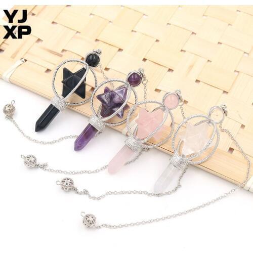 YJXP Reiki Rotate Merkaba Pendulum Natural Stone Amethysts Pink Quartzs Hexagon Column Pendant Dowsing Divination Jewelry 1 Pcs