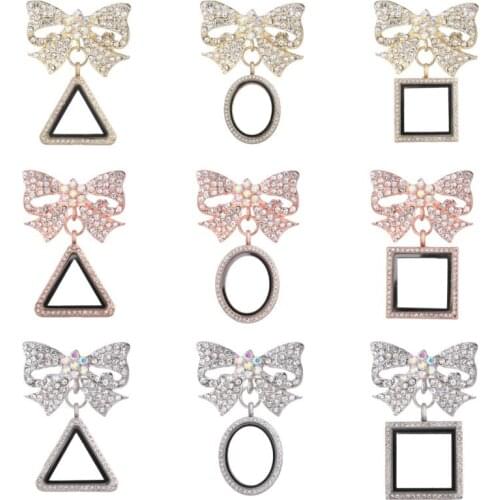 10PCS Rhinestones Brooch Butterfly Bow Brooch With Square Floating Locket Broches Fit Women Wedding Gift Jewelry Supplies