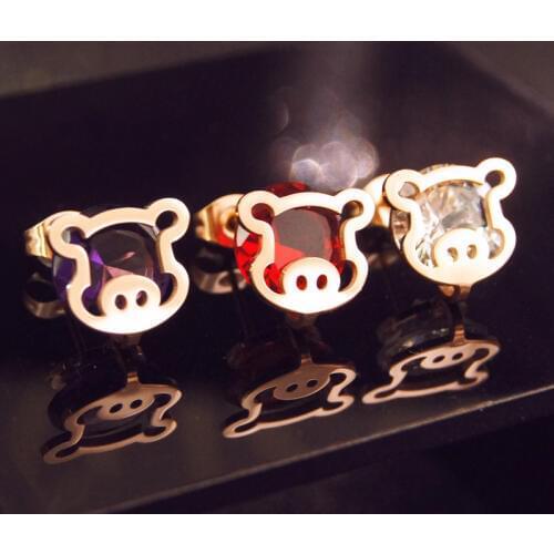 2019 Lovely Pig stud earrings, Gift Jewelry Rose gold color Titanium Steel Crystal earring ,fashion woman jewelry