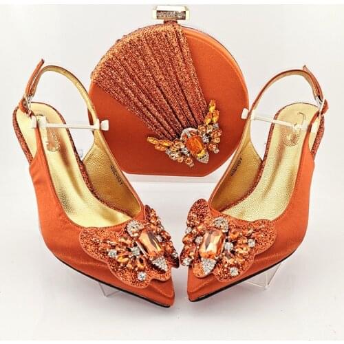 Doershow Shoes and Bag Set African Sets 2021 orange Color Italian Shoe Bag Set Decorated with Rhinestone High Quality! SYD1-24