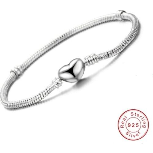 Never fade Original 925 Silver Filled Heart Shape Charm Bracelet Snake Bone DIY Bead Bracelets Gift for Women