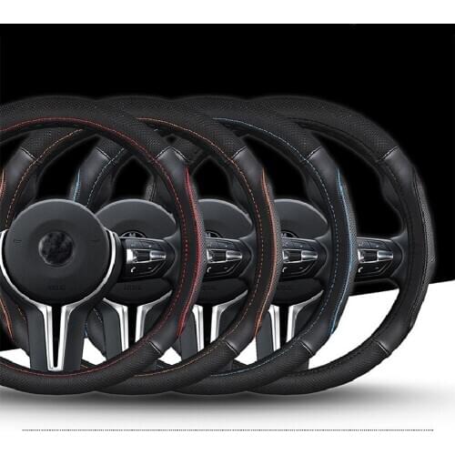 Breathable Sports Style Genuine Leather Car Steering Wheel Cover Anti-skid Black with Red Line 38cm for Four Seasons Universal