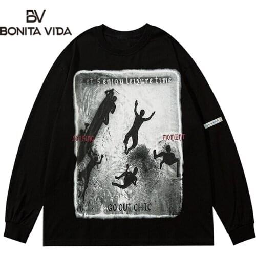 Bontia Vida Tees Shirts Streetwear Hip Hop Creative Print Punk Rock Gothic Tshirts Harajuku Cotton Long Sleeve Harajuku Tops