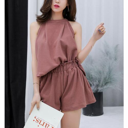 2 Piece Set Summer Party Office Pink Sleeveless Halter Casual Club Top and Runway Shorts Mini Ladies Pants Two Piece Set Vestido