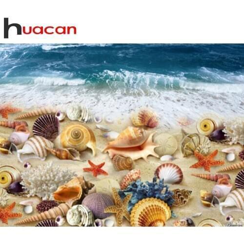 Huacan Full Drill Square Diamond Painting Shell Seaside Home Decoration Mosaic Embroidery Sea Landscape Handmade Gift