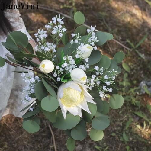 JaneVini 2021 Summer Elegant Wedding Bouquets Artificial White Silk Emperor Flower Outdoor Bridal Hand Fake Bouquet Accessories
