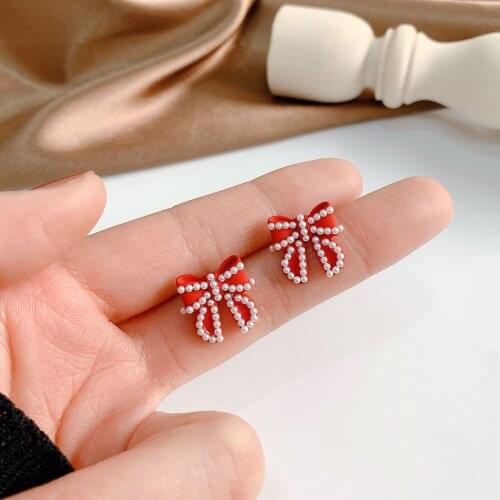 Fashion Bow Pearl Stud Earrings Womens Pierced Ear clip Christmas Party Accessories Anniversary Gift Friendship Stud Earrings