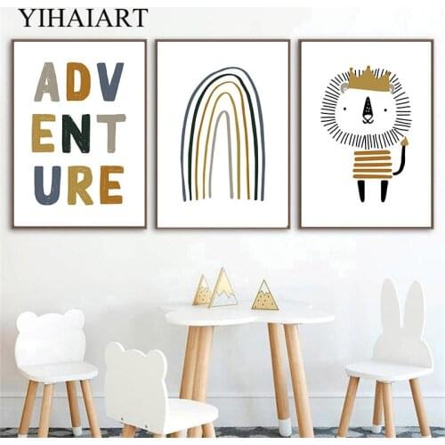 Cartoon Animal Lion Art Painting Canvas Poster Nordic Nursery Quotes Picture Rainbow Wall Print Modern Kids Boy Bedroom Decor