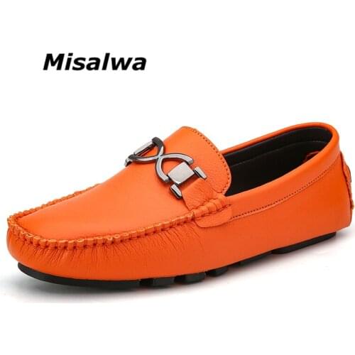 Misalwa Comfort Summer Shoes Casual Men Flats White Orange Men Penny Loafers Metal Decoration Soft Men Moccasins