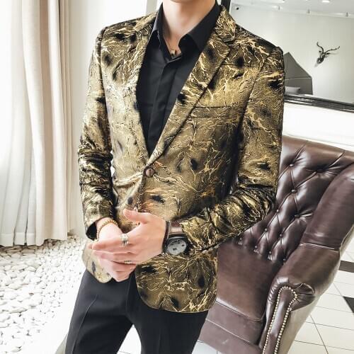 2021 spring Autumn Europen style gold pattern Bronzing suit men Business casual Slim gold printed velvet suit for men M-5XL