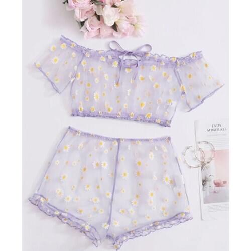New Style Bra Set Womens Lingerie Cute Daisy Embroidery Set Off Shoulder Bra Top + Shorts Transparent Mesh Sexy Underwear