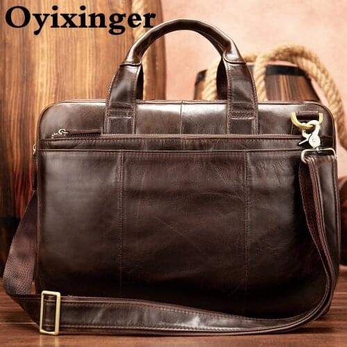 OYIXINGER Luxury Men Laptop Briefcase Cowhide Laptop Bag For 14" ASUS Hp Dell Mens Genuine Leather Shoulder Bag For A4 Document