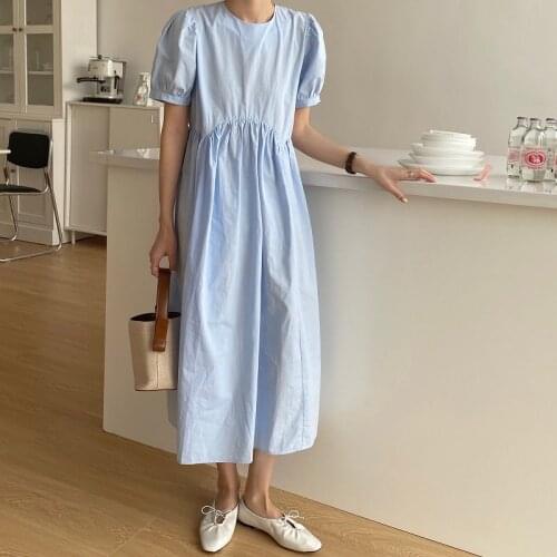 2021 Summer Retro Dress Lantern Sleeve Irregular Lantern Puff Sleeve Irregular Folding High Waist Loose Thin Mid-length Dress