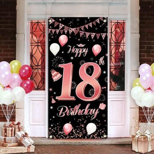 Happy Birthday Banner Rose Gold Different ages Digital Number 16 18 20 Rectangle Hanging Poster