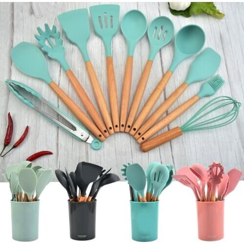 Wooden Handle Plus Silicone Cookware Kitchen Tool Spoon Strainer Pasta Machine Egg Beater Spatula Food Tongs Red Black