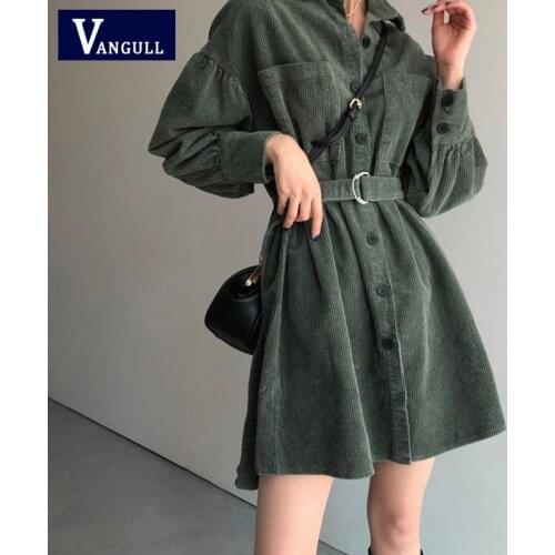 Vangull Chic Corduroy Women Dress Elegant Loose Belt Turn-down Collar Dress Lantern Long Sleeve Single Breasted Vintage Dress