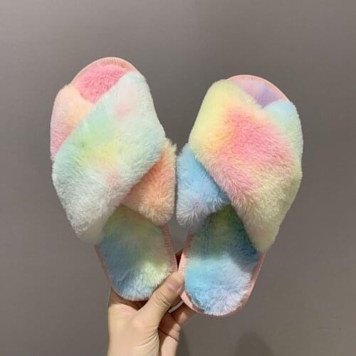 Spring autumn new rainbow cross wool slippers women indoor household flat one - word shoes
