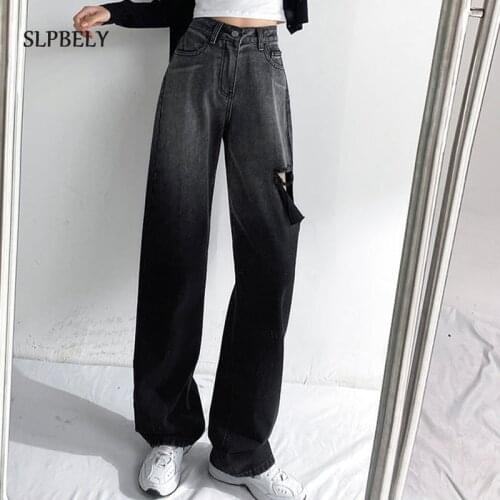 SLPBELY Vintage Ripped Straight High Waist Gradient Jeans Women Hole Jean Female Denim Pencil Pants Chic Trend Streetwear Jeans