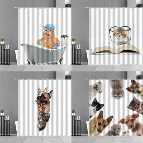 Cute Cat Dog Animal Shower Curtains Funny Pet Cat Pattern Children Baby Room Bathroom Decor Waterproof Cloth Curtain With Hooks