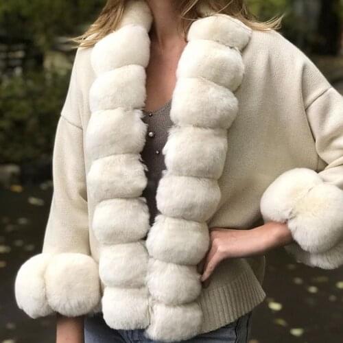 Knitted Cardigan With Real Rex Rabbit Fur Trim Sweater Women Elegant Fashion Coat