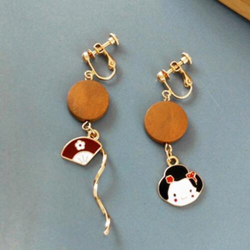 Japenese Ethic Folk-custom Vintage Women Face Fans Earrings S shape Tassels Wooden Beads Clip Earrings No Hole Without Piercing