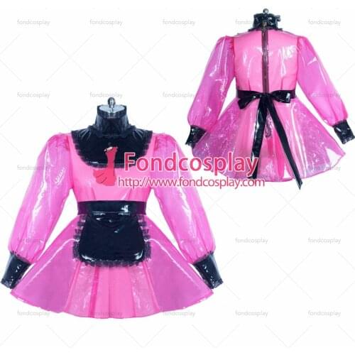 Fondcosplay adult sexy cross dressing sissy maid short French hot pink clear PVC lockable dress black apron Tailor-made[G3863]