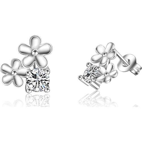 Hot Sale Promotion 2017 New Fashion Shiny Zircon Little Flower Design 925 Sterling Silver Ladies' Stud Earrings Jewelry Gift