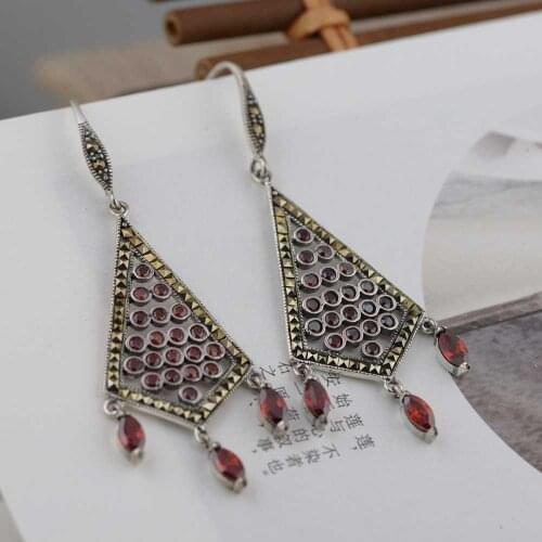 FNJ Tassel Earrings 925 Silver 100% Pure Original S925 Silver Sterling Drop Earring for Women Jewelry Red Zircon MARCASITE