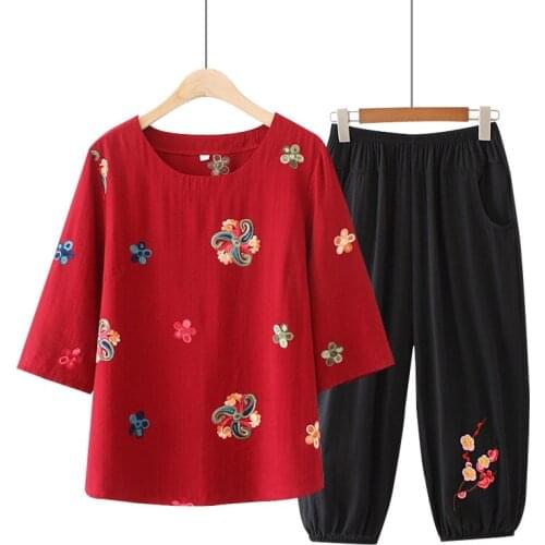 Women Cotton Linen Leisure Suit Plus Size 6XL Embroidered Three-Quarter Sleeve Round Neck T-Shirt Flax Set 2-Piece Sets s881