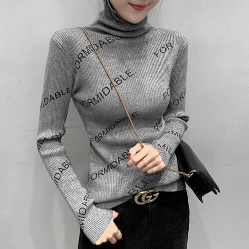 2020 autumn and winter thick letter printed sweater womens slim fit inner high collar long sleeve bottoming shirt top