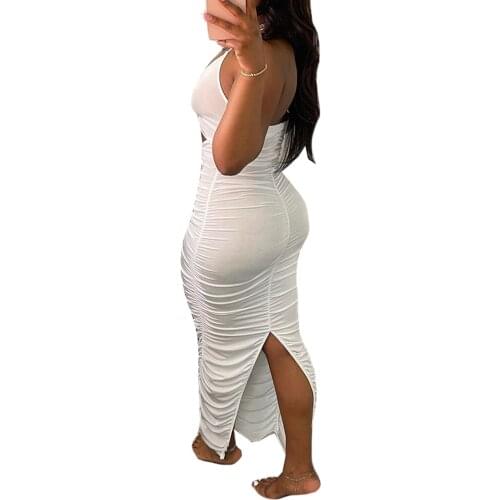 Women Summer Dress, Solid Color Hollow Out Tied Halter Neck Backless Ruffled Long Skirt with Slit For Ladies 2021 New Fashion