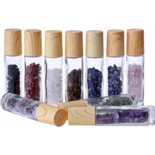 10ml Glass Natural Crystal Quartz Roller Ball Perfume Roll on Bottles With Wood Grain Cap LX2656