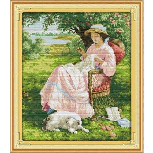 14/16/18/27/28 Woman Under The Apple Tree Chinese Character Cross Stitch Kit Lady And Puppy Dog Furniture Cloth Sewing