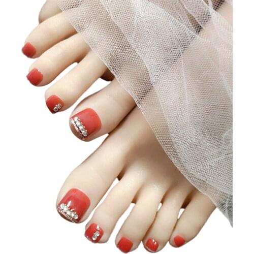 24Pcs Wine Red Full Fake Toenails Rhinestone False Nails Finished Manicure Flash Drill Foot Nail Art For Summer Barefoot NN