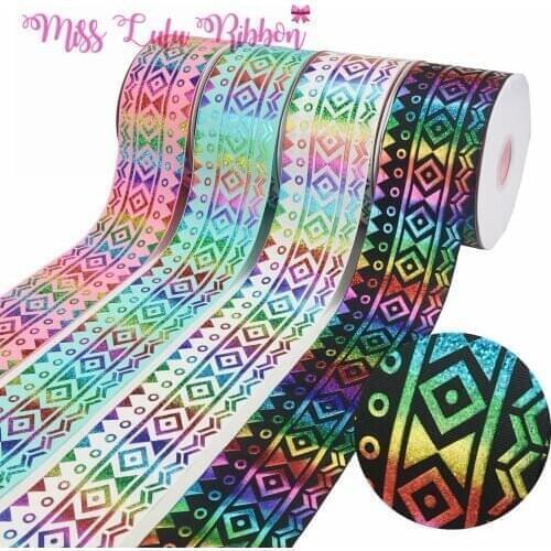 3"75mm Geometric Series Rectangular Pattern Printing Gradient Reflective Ribbon DIY Gift Decoration 50 Yards / Roll