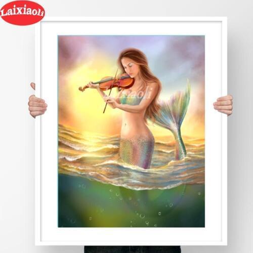 5d diy diamond painting mosaic Mermaid playing the violin view diamond crystal painting full square round diamond embroidery art