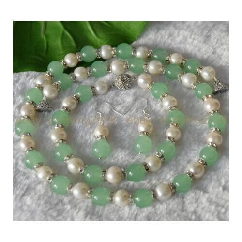 9-10mm Freshwater Cultured Pearl & Natural jade Necklace Bracelet Earrings