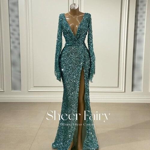 Sparkly Turquoise Blue Sequin Mermaid Prom Dresses Long Sleeve V-Neck Slit Arabic Evening Gowns Dubai Women Wedding Party Dress