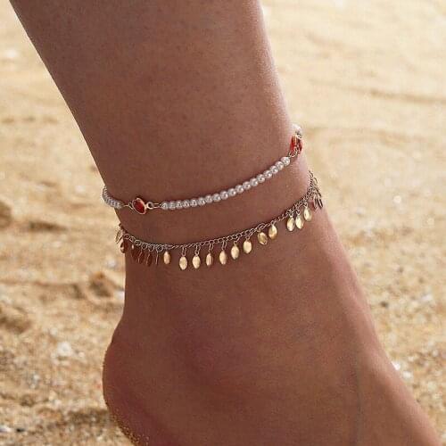 2Pcs/set Bohemian Fashion Personality Leaves Tassels Beads Anklets for Women Summer Beach Anklet Chain