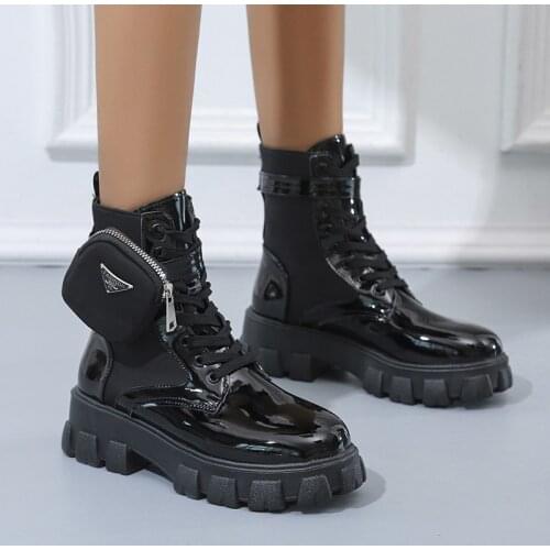 Black Platform Ankle Boots Women Boots Winter Leathe Boots Lace Up Ankle Boots Motorcycle Thick Heel Platform High Heels